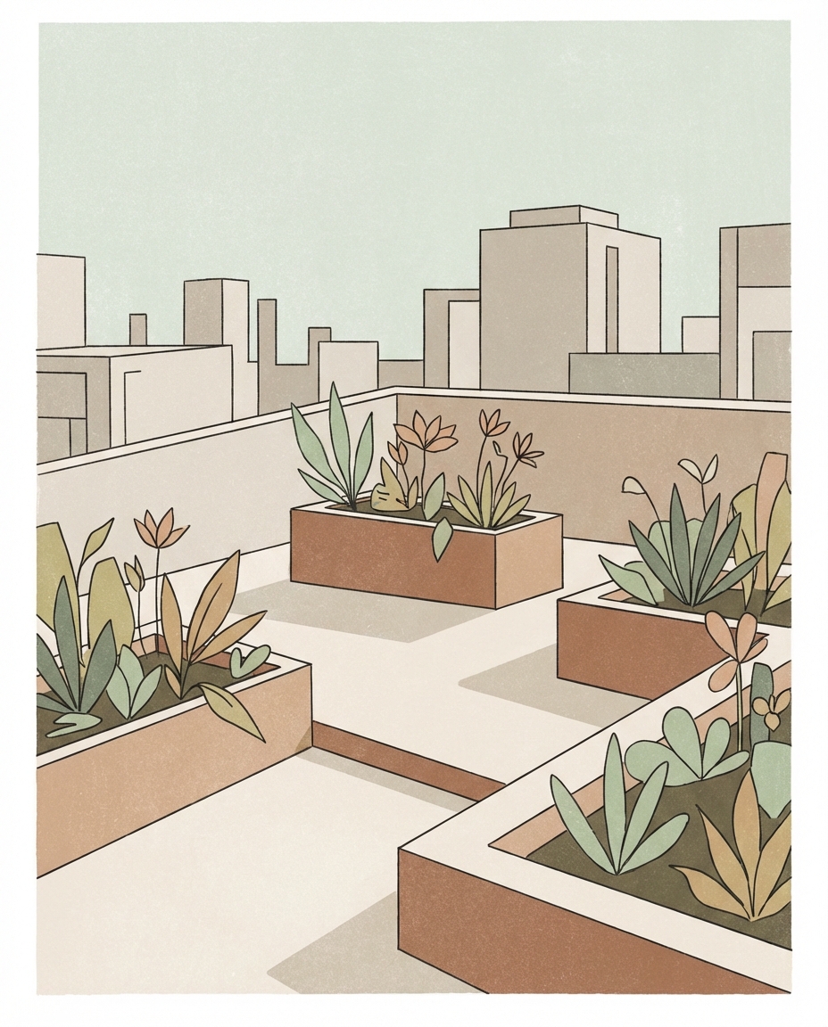 A lush, vibrant balcony garden contrasting against a blurred city skyline background, featuring metal planters and hanging vines.