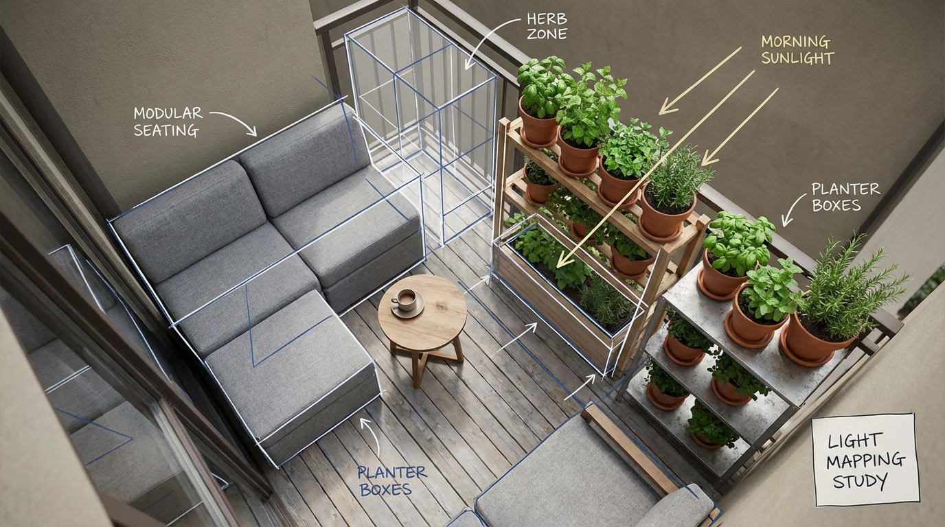 A high-angle shot of a well-organized small urban balcony with a layout sketch overlay. The balcony features modular furniture and distinct zones for herbs and seating. Sunlight strikes the plants at an angle, highlighting the importance of light mapping. Style: Photorealistic with a slight architectural blueprint aesthetic.