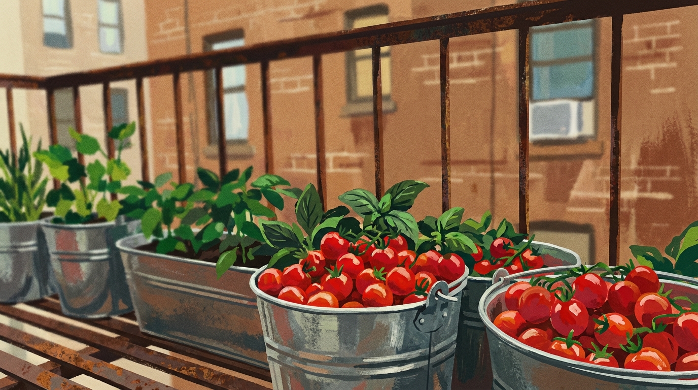 A close-up, eye-level shot of a bountiful container garden on a fire escape. Foreground focuses on bright red cherry tomatoes and lush basil growing in galvanized metal buckets. In the background, out of focus, is a brick apartment building wall. Style: Vibrant colors, gritty texture, focusing on the yield.