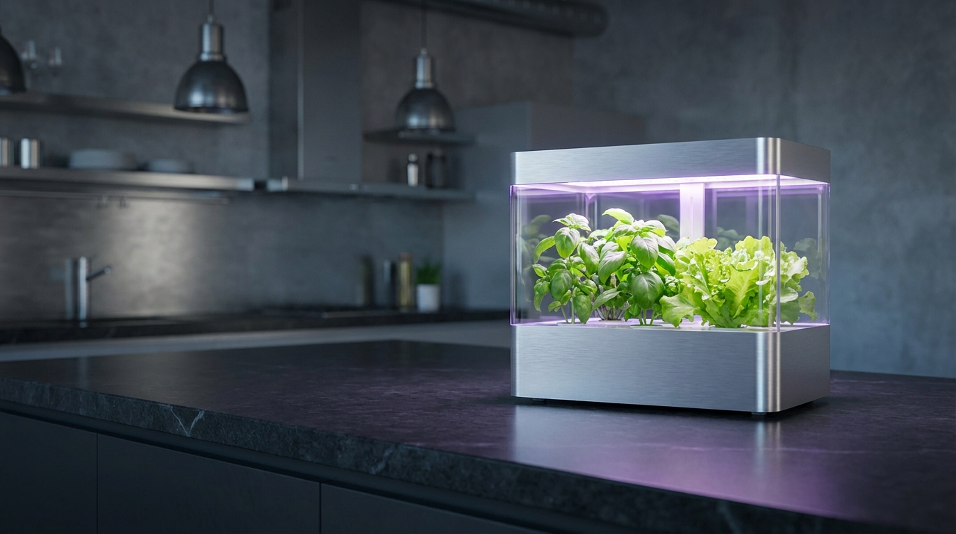 A sleek, modern interior shot of a kitchen countertop featuring a small hydroponic system with glowing purple/white LED lights. Fresh leafy greens are growing vigorously in the system. The background is a dim, modern apartment kitchen with industrial design elements. Style: High-tech, clean, contrasting the organic greens with the technology.