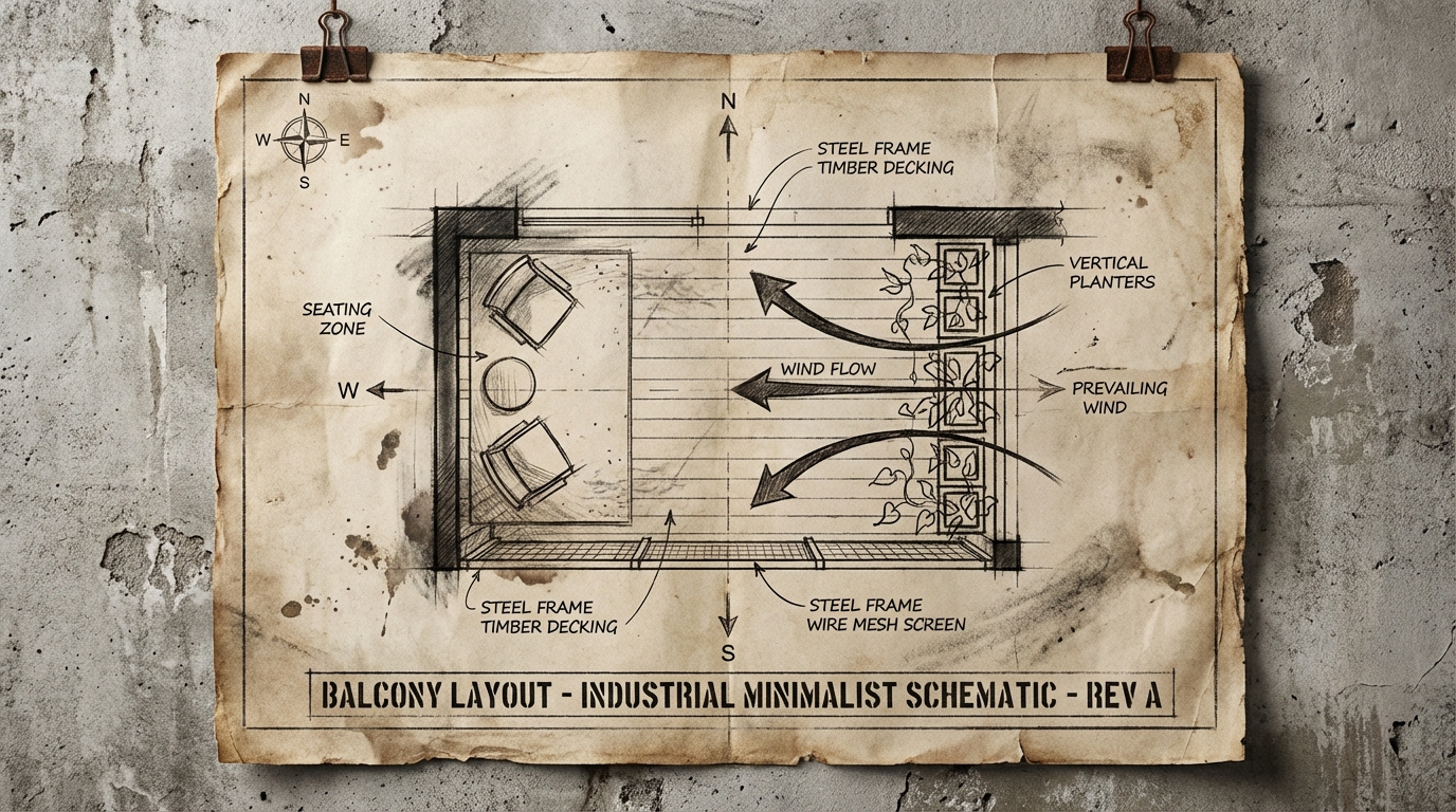 A detailed schematic or blueprint drawing of a small balcony layout, showing zones for seating, vertical planters, and wind flow arrows, with a gritty industrial aesthetic.