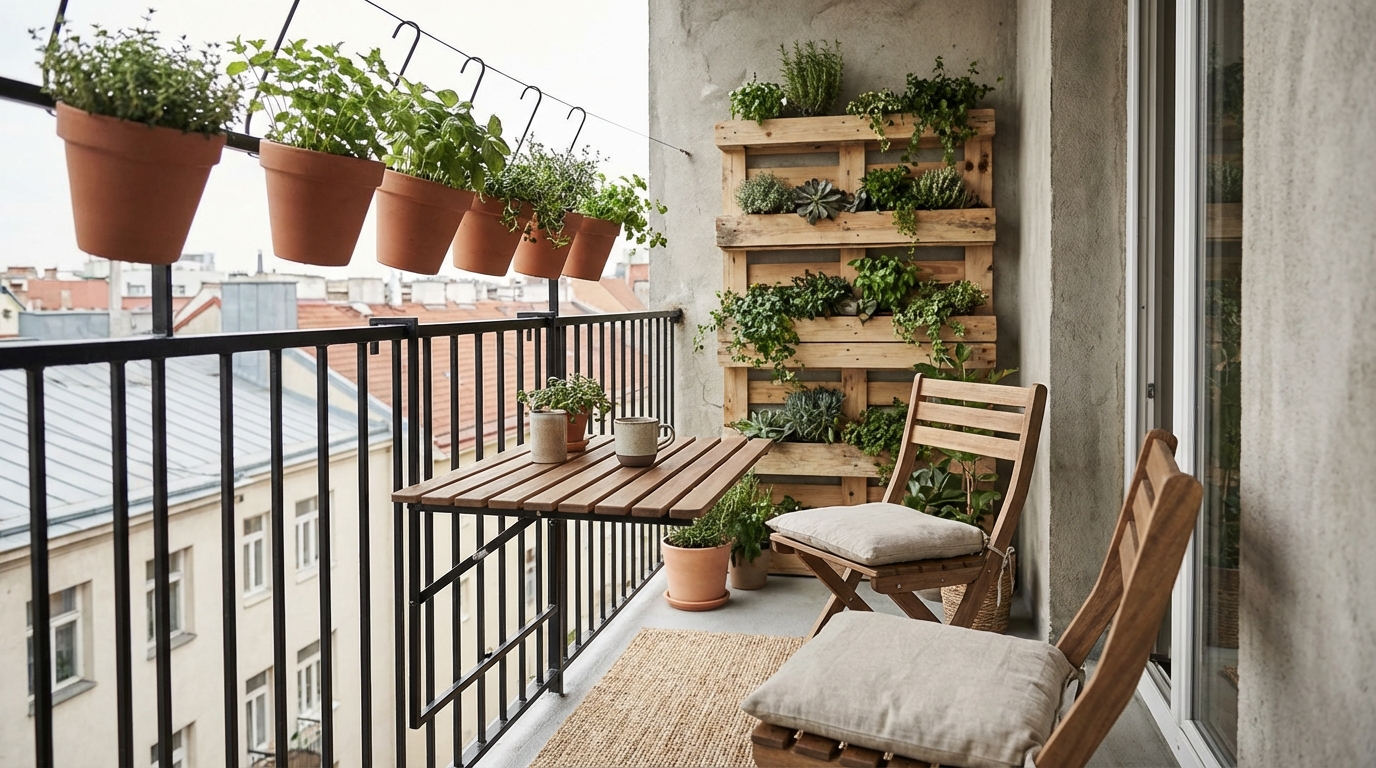 A stylish narrow apartment balcony design featuring a folding wooden table attached to the railing, hanging herbs, and a vertical pallet garden on the wall.