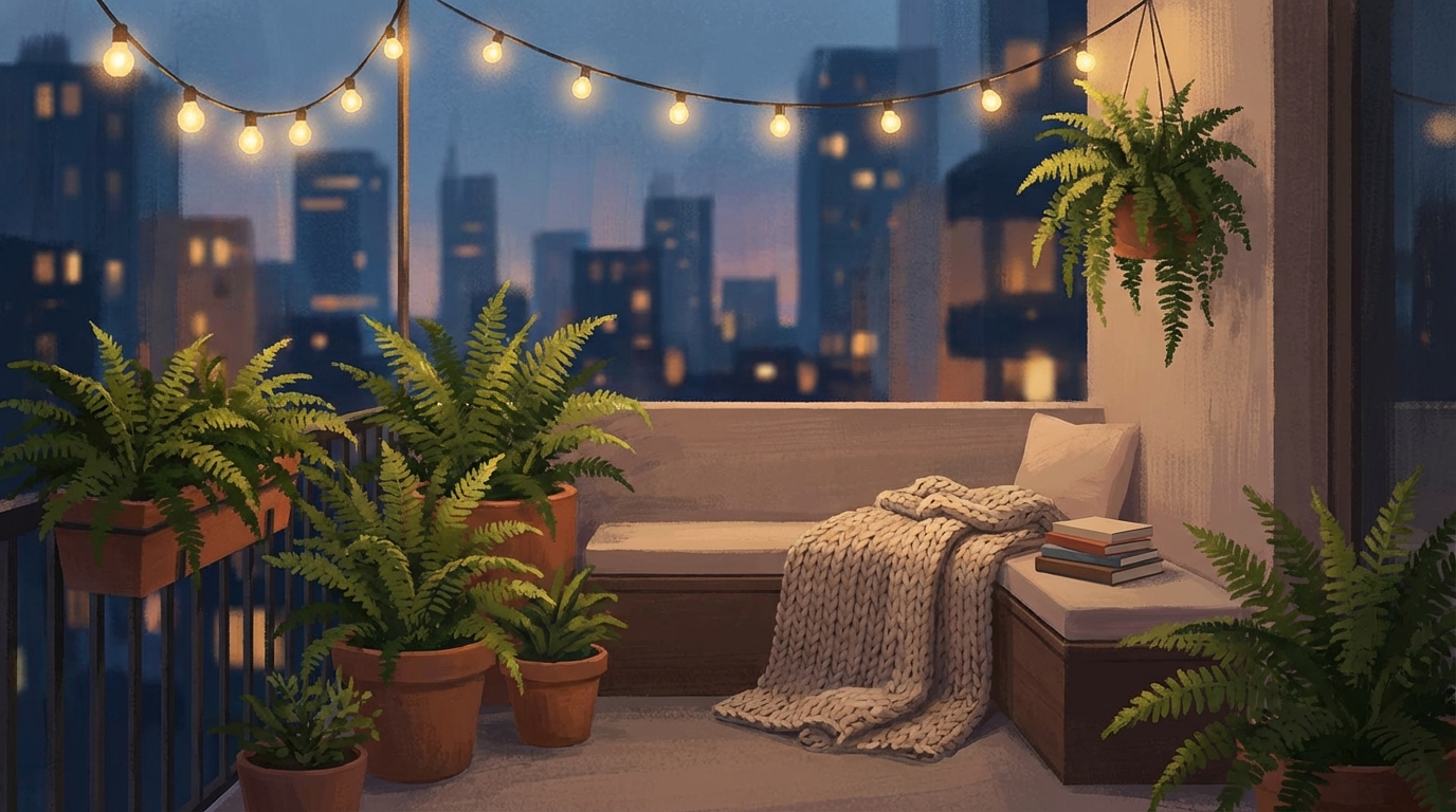 An atmospheric evening shot of a small city balcony with string lights overhead, highlighting lush fern textures and a cozy reading nook with a weather-resistant throw blanket.