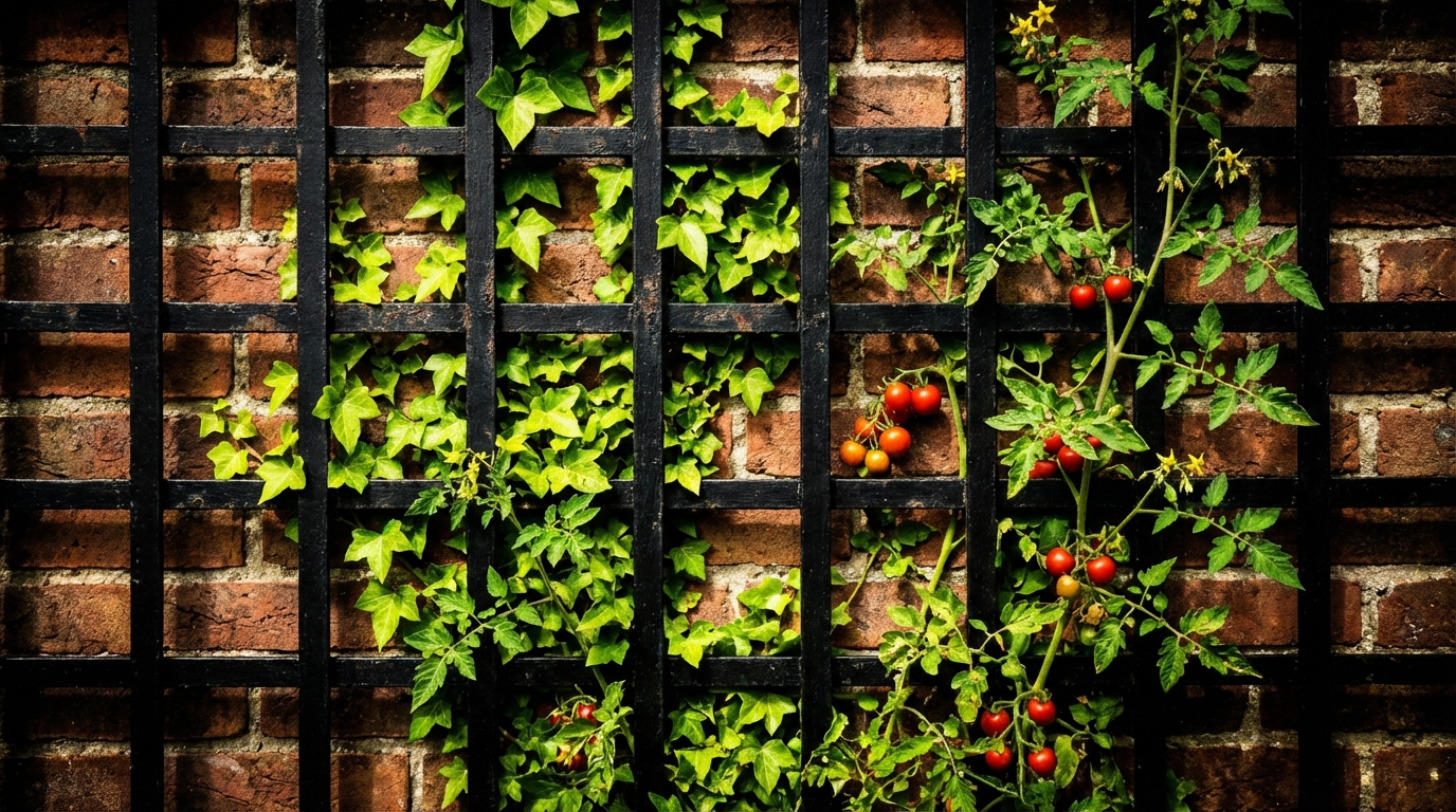 A close-up, high-contrast shot of a black metal grid trellis mounted on a rustic brick wall, with bright green ivy and cherry tomato vines weaving through the squares.