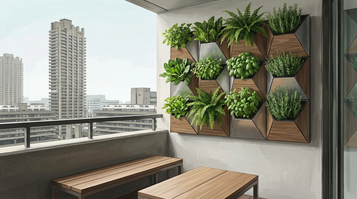A modern balcony setup featuring a modular living wall system filled with leafy greens and herbs, contrasting with the grey concrete of the city skyline in the background.