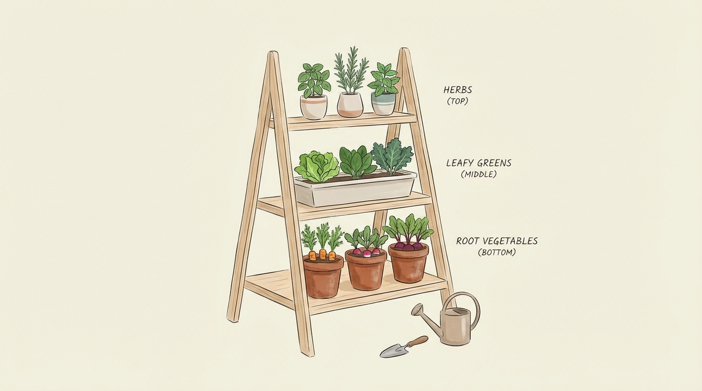 A step-by-step visual of a tiered ladder planter made of wood, showcasing different plants on each level: herbs on top, leafy greens in the middle, and root vegetables in deeper pots at the bottom.