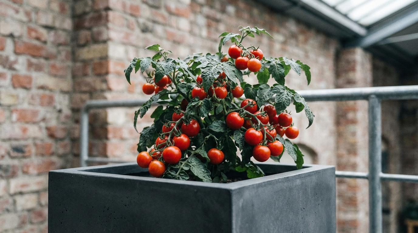 A close-up, high-angle shot of a 'Tiny Tim' tomato plant laden with ripe red cherry tomatoes growing in a sleek, dark grey industrial planter. The background shows a blurred brick wall and steel railing.