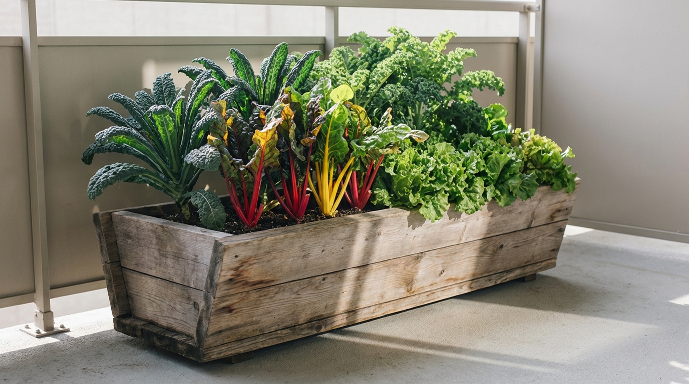 A wide shot of a rectangular wooden trough planter on a balcony floor. The planter is densely packed with rows of leafy greens including kale, bright swiss chard, and lettuce. Sunlight filters through the leaves.