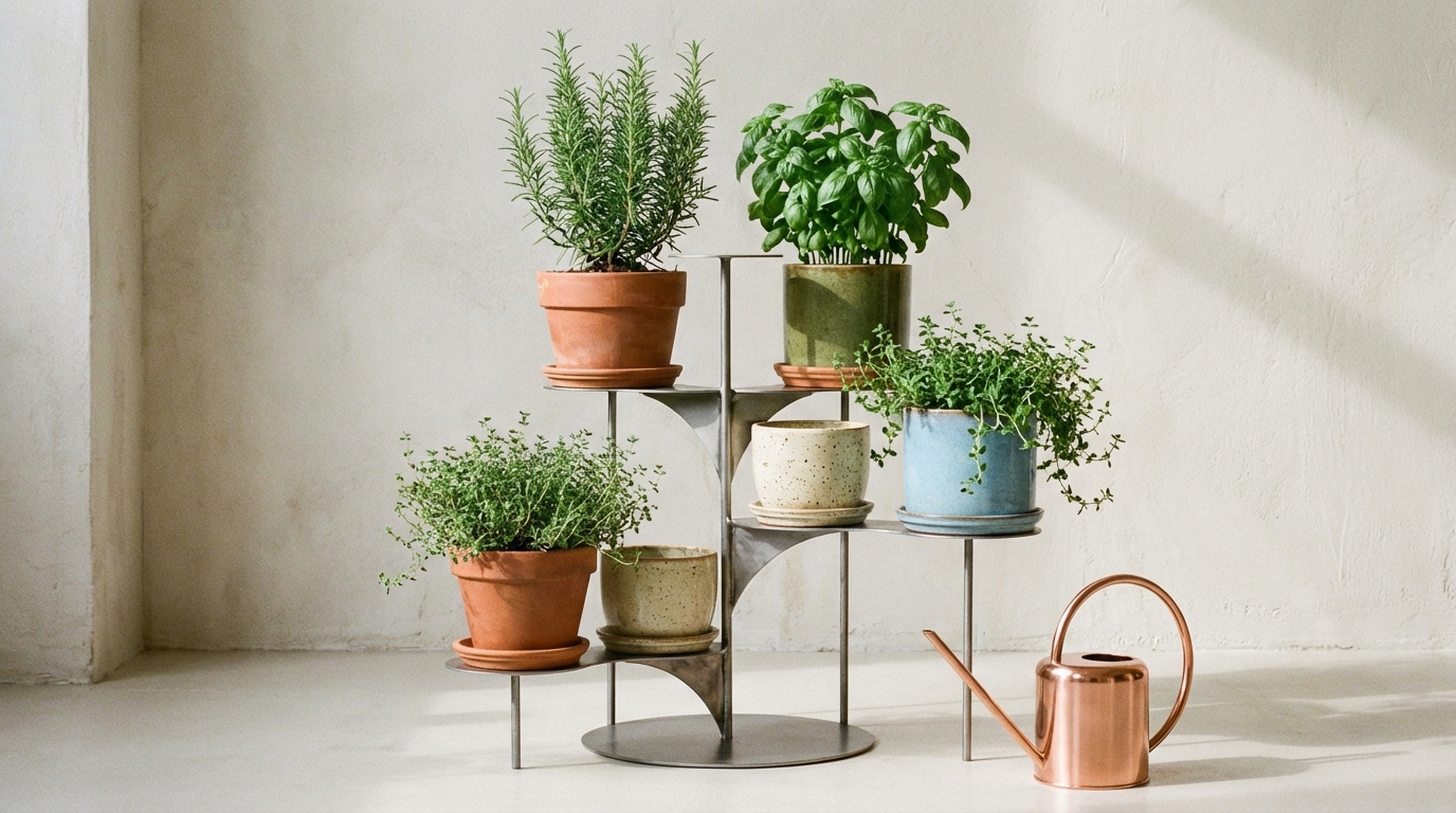 A stylish collection of terracotta and glazed pots arranged on a tiered metal plant stand. Each pot contains a different herb: rosemary, bushy basil, and spilling thyme. A watering can sits nearby.