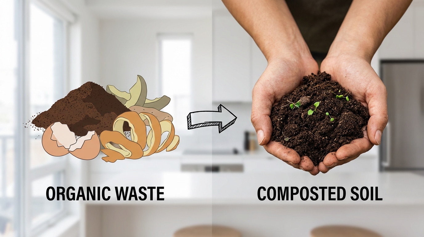 A split-view infographic style image. Left side shows a pile of kitchen scraps (coffee, shells, peels). Right side shows rich, dark soil in a person's hands. The background is a blurred modern apartment kitchen.