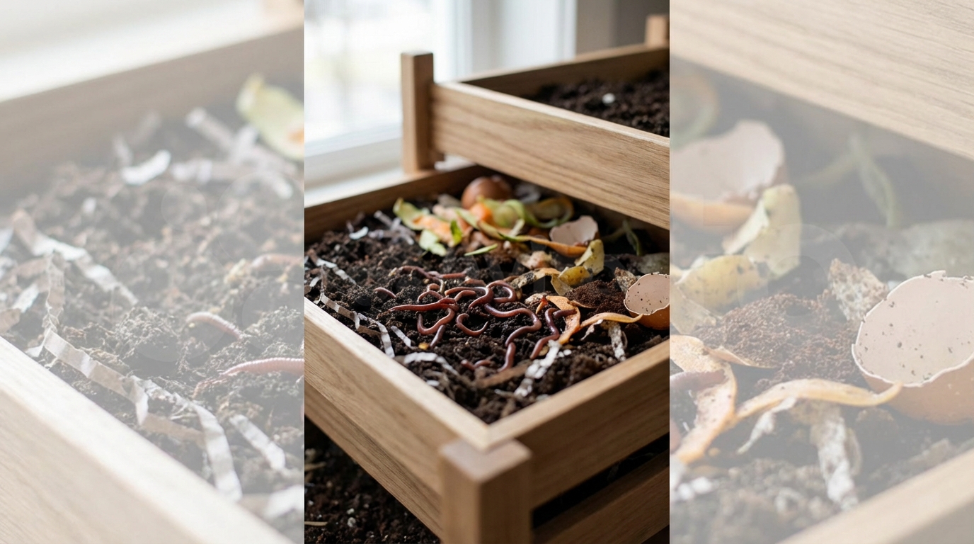 A close-up shot of a tiered worm bin system (vermicomposter) opened to show the dark soil and red wiggler worms processing food scraps. Natural lighting, shallow depth of field.