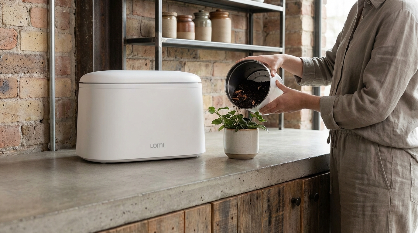 A modern kitchen scene featuring a sleek white electric composter on a counter, with a person pouring the dried output into a small potted plant. Industrial chic aesthetic.