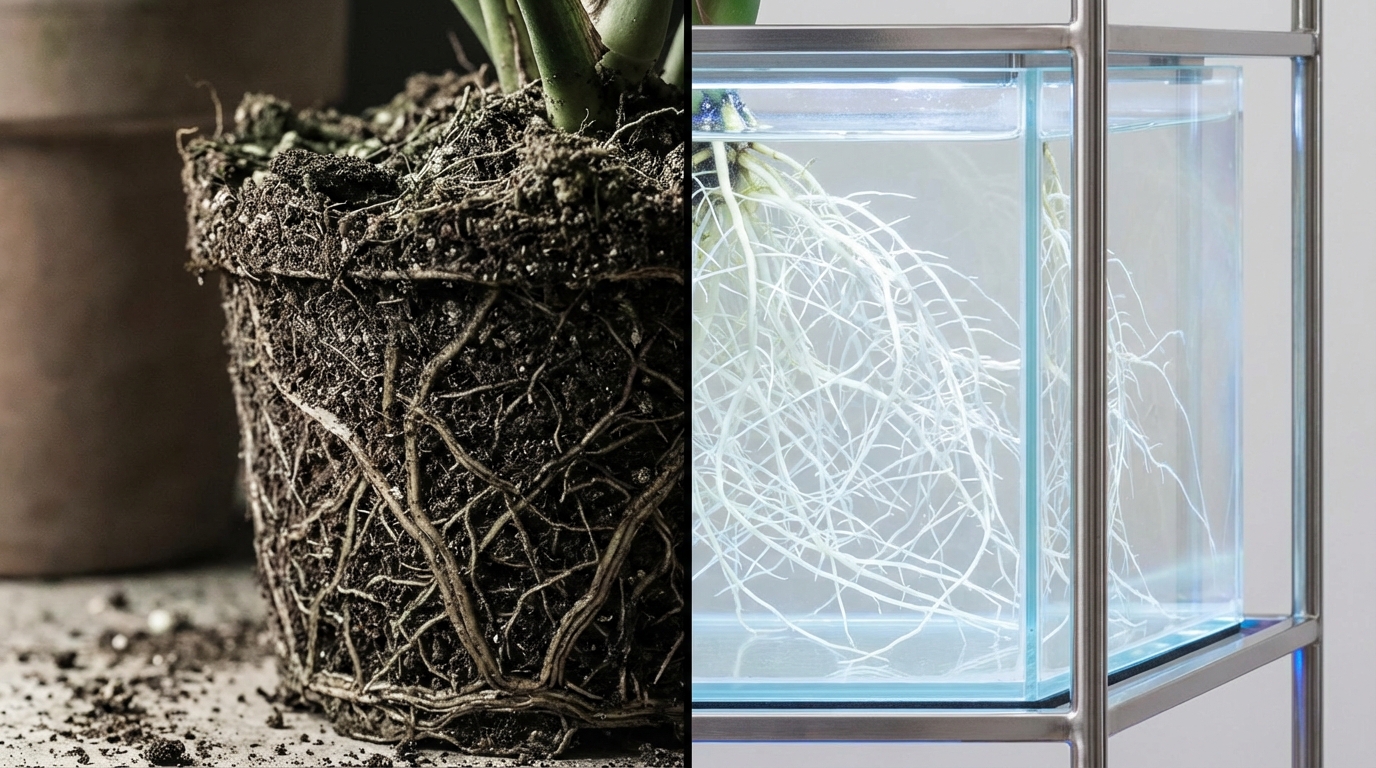 A close-up split shot comparing a soil-grown plant root ball versus a clean, white, expansive hydroponic root system suspended in water, highlighting the clean industrial aesthetic.