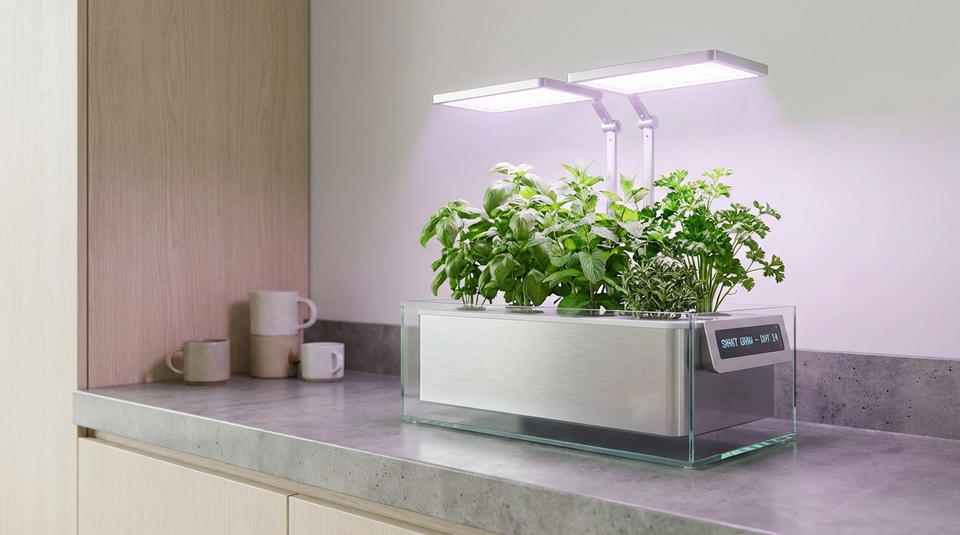 A modern kitchen countertop scene featuring a high-tech hydroponic unit with adjustable LED panels above lush herbs, showcasing the integration of technology and home decor.