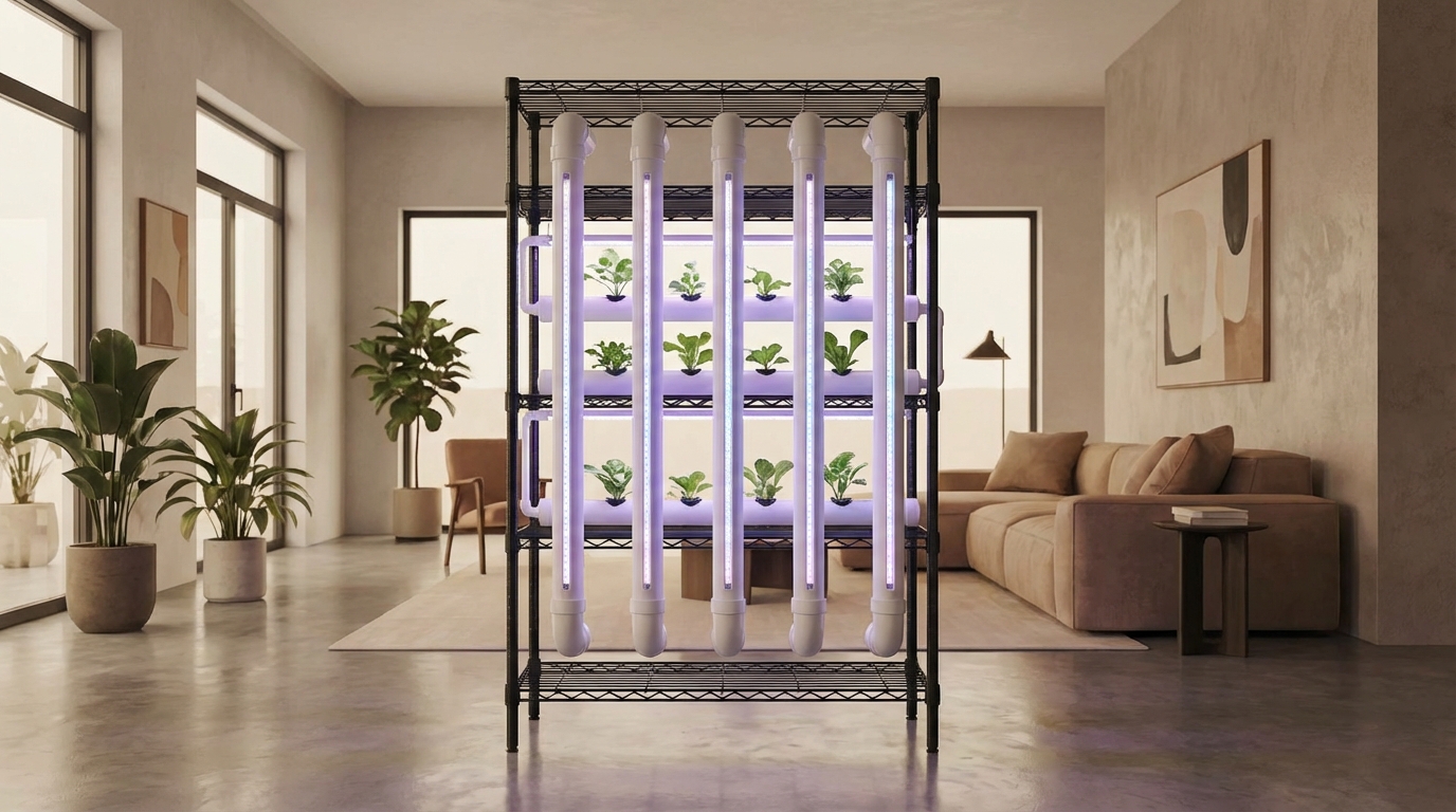 An industrial-style black wire rack in a living room, modified with vertical PVC pipes running an NFT hydroponic system, glowing with artificial light.